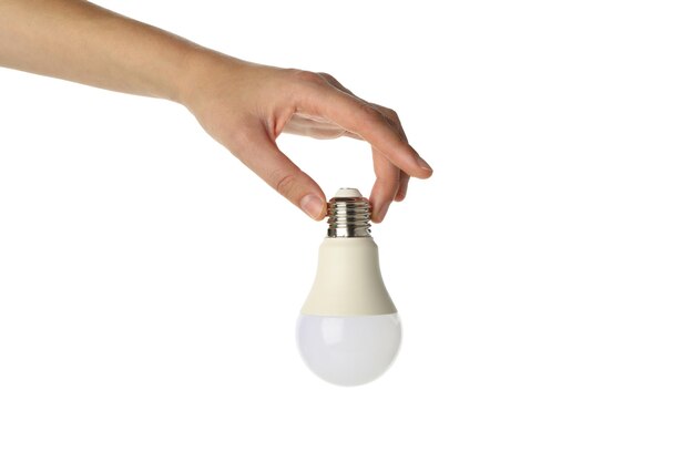 Lampadina PNG in mano isolata su sfondo bianco