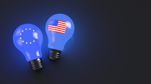 Lampadine incandescenti con simboli USA ed europei. Il rapporto tra Stati Uniti e concetto di Unione Europea. Copia spazio. Temi geopolitici