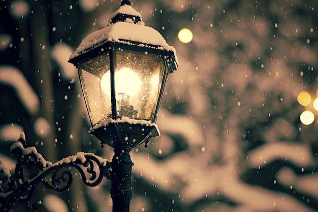 Lampione illuminato nero nel parco durante la nevicata