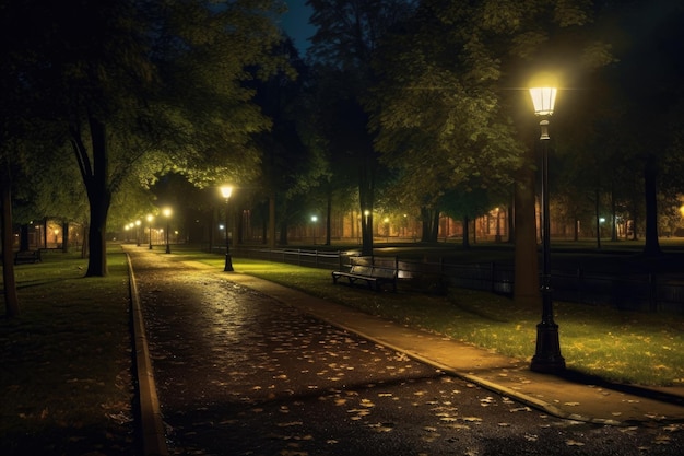 Lampioni a led che illuminano un parco di notte creati con l'IA generativa