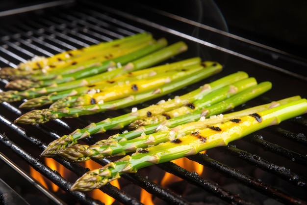 Lance sfrigolanti di asparagi spennellate con olio d'oliva su griglie