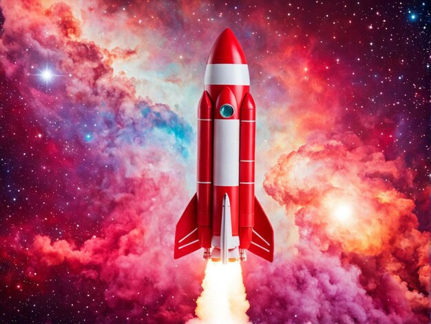 Lanciamento di un razzo giocattolo rosso su uno sfondo spaziale colorato