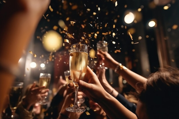 Lanciare confetti e bere champagne festeggiare una grande festa di notte
