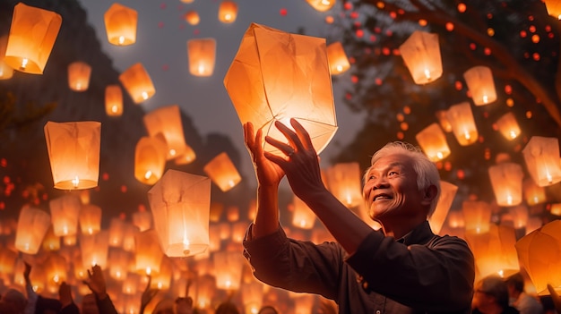 Lanciare le lanterne durante la Festa delle Lanterne per la buona fortuna Generata dall'AI