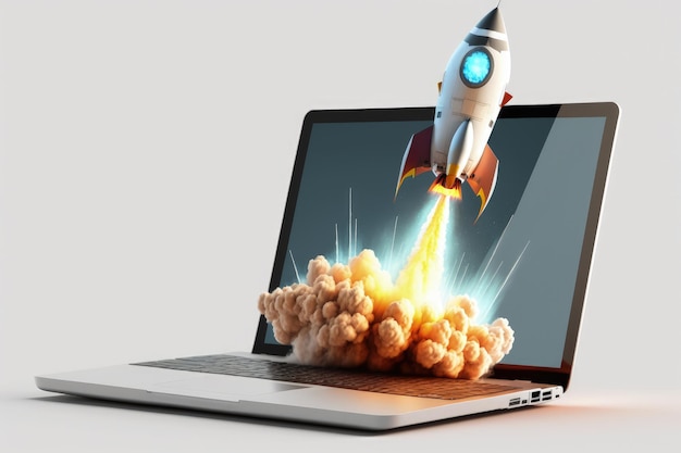 Lanciati nel mondo digitale Laptop con Rocket Emerging from Screen Generative AI