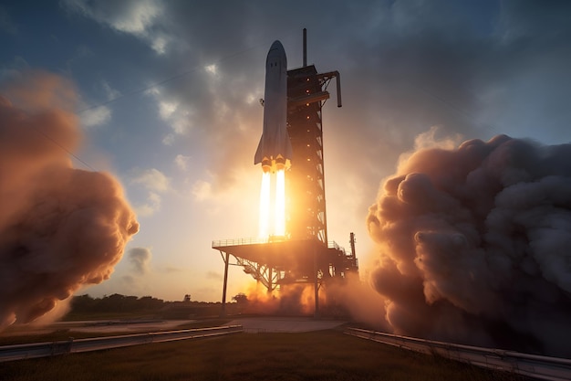 Lancio della nave spaziale moderna del razzo per l'esplorazione dello spazio