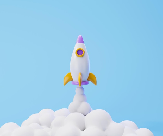 Lancio di un razzo su sfondo blu Illustrazione 3d del concetto di business di avvio dell'icona della navicella spaziale