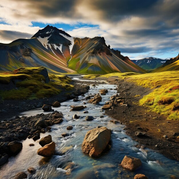 Landmannalaugar paesaggio panorama montagne Valli islandesi con un fiume Ai generativa