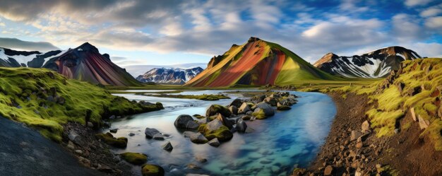 Landmannalaugar paesaggio panorama montagne Valli islandesi con un fiume Ai generativa