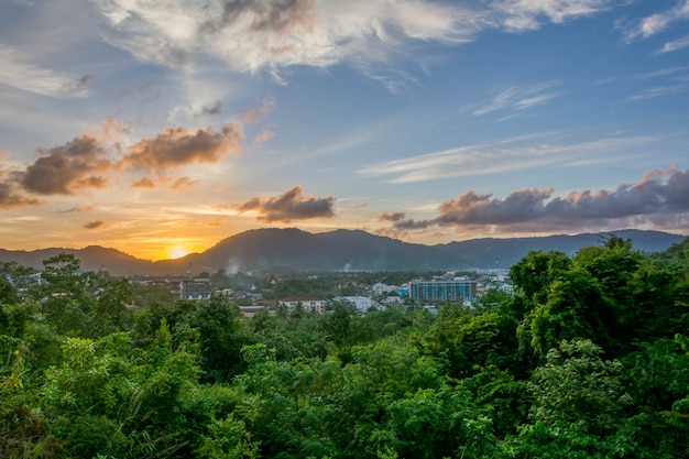 Landscapes City Sunset Over mountain