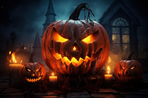 Lanterna a testa di zucca di Halloween con candele su sfondo scuro concetto di Halloween
