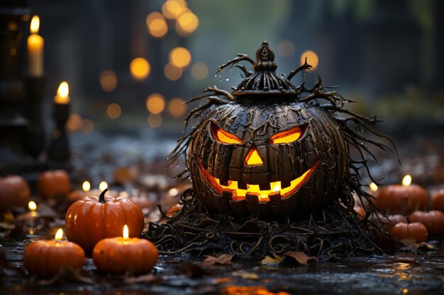 Lanterna a testa di zucca di Halloween con faccia spaventosa e candele accese nella foresta