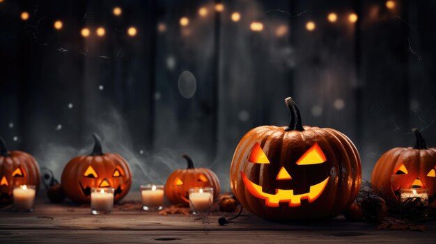 Lanterna a testa di zucca di Halloween su uno sfondo di legno inquietante