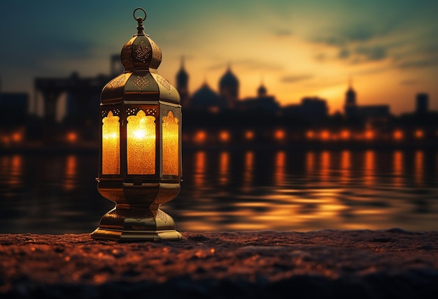Lanterna accesa con candela di notte nella città araba e scintillanti luci bokeh dorate Biglietto di auguri festivo Mese sacro musulmano Ramadan Kareem