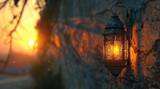 Lanterna appesa di ramadan al tramonto superficie in cemento all'aperto esterno trasparente arte generata da Ai