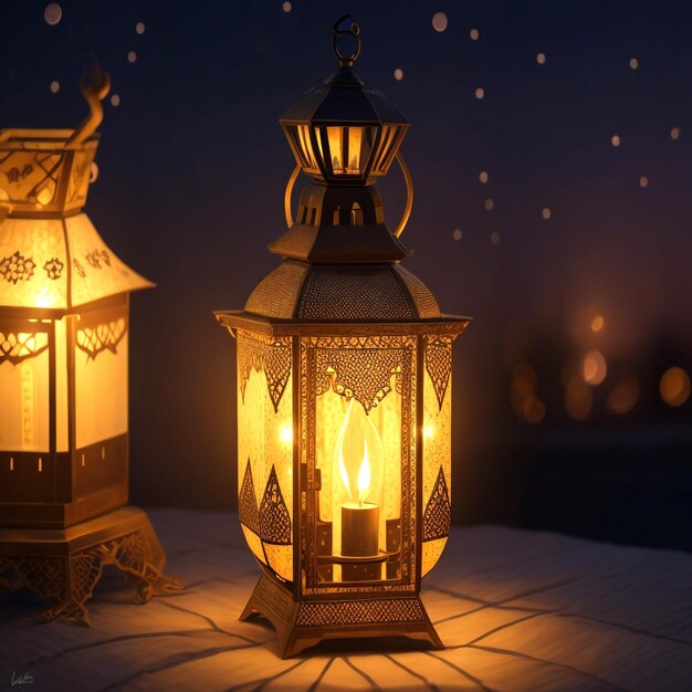 Lanterna araba con candela accesa e luci bokeh sullo sfondo di Ramadan