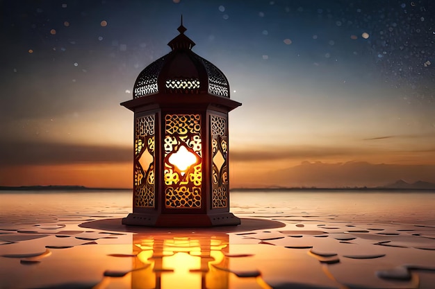 Lanterna araba con candela accesa incandescente Sfondo islamico Eid al Adha