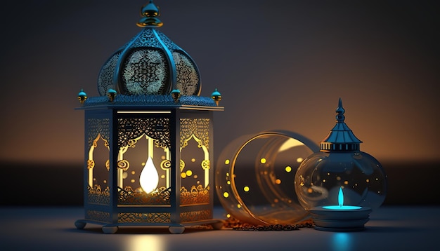 Lanterna araba decorativa con una candela accesa in diversi colori Banner in stile islamico per l'esposizione del prodotto Bellissimo invito musulmano Eid mubarak Sfondo religioso AI generativa