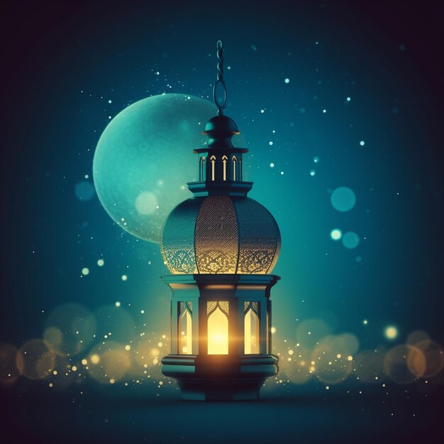 Lanterna araba illuminata sulla luna crescente della comunità musulmana della moschea Ramadan Kareem