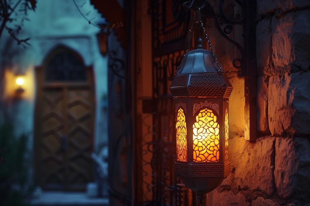 Lanterna araba luminosa che illumina la notte Ramadan Mubarak