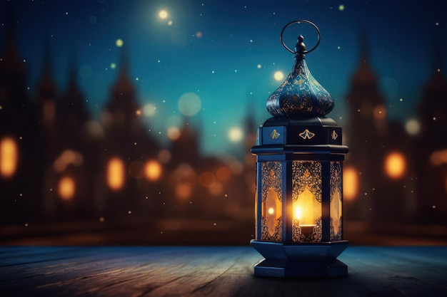 Lanterna araba o islamica ornamentale su sfondo bokeh sfocato