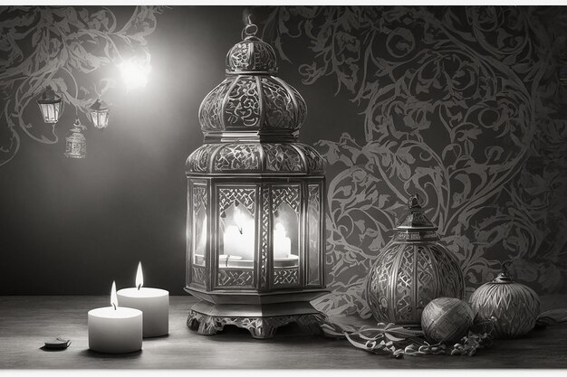 Lanterna araba ornamentale con candela accesa che brilla di notte invito di biglietto di auguri festivo per il mese santo musulmano del Ramadan Kareem