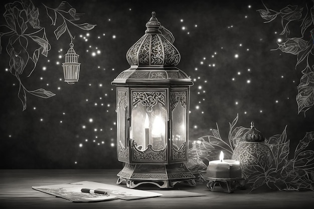 Lanterna araba ornamentale con candela accesa che brilla di notte invito di biglietto di auguri festivo per il mese santo musulmano del Ramadan Kareem