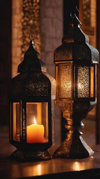 Lanterna araba ornamentale con candela accesa che brilla di notte nel mese sacro musulmano di Ramadan Kareem