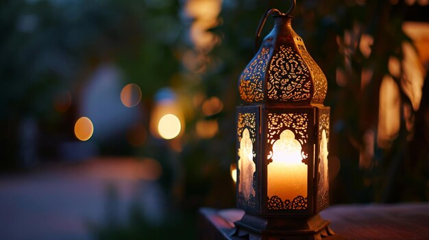 Lanterna araba ornamentale con candela accesa che brilla di notte Ramadan Kareem AI Generative