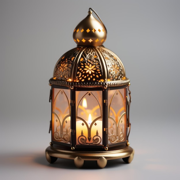 Lanterna araba ornamentale con candela accesa su sfondo grigio Mese santo musulmano Ramadan Kareem