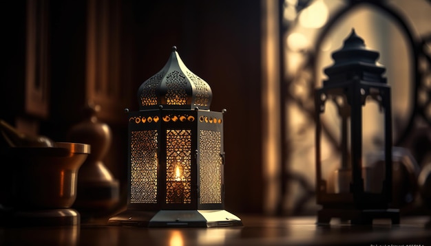 Lanterna araba ornamentale con candele accese che brillano di notte mese santo musulmano ramadan kareem