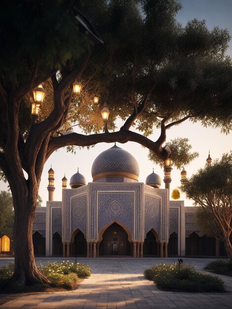 Lanterna araba ornamentale con sfondo di moschea Eid Mubarak