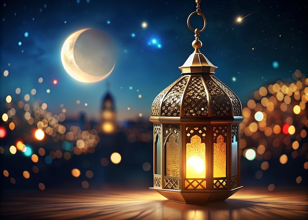 Lanterna araba ornamentale e dorata con notte luminosa di luna e luci bokeh dorate scintillanti