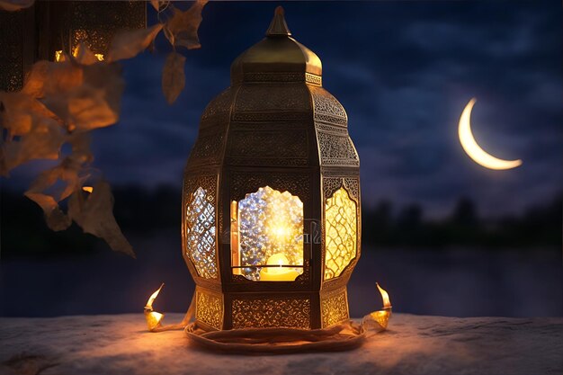 Lanterna araba Ramadan Kareem con bokeh generativo ai