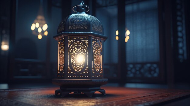 Lanterna araba sul pavimento Concetto di Ramadan Kareem IA generativa