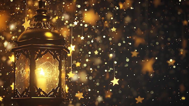 Lanterna arabica ornamentale appesa che brilla di notte invito per il mese sacro musulmano del Ramadan Kareem
