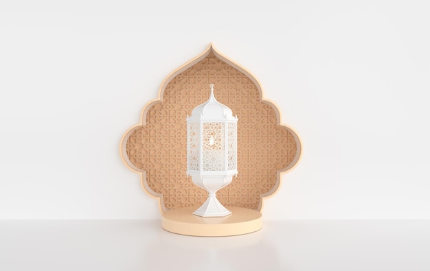 Lanterna bianca con lampada a candela finestra o porta podio Ramadan kareem celebrazione interno 3d