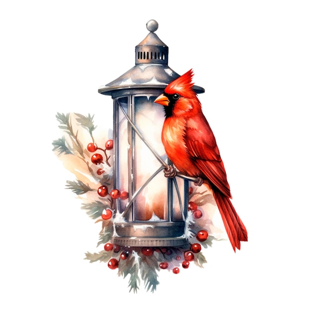 Lanterna commemorativa rosso cardinale AI Natale generativo ricordando illustrazione isolata