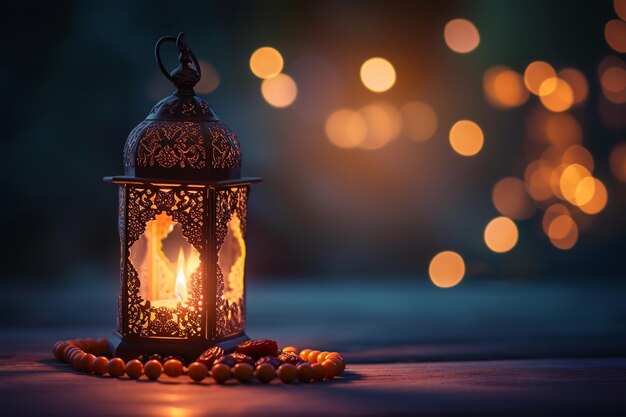 Lanterna con candela accesa e perle di preghiera sul tavolo contro luci sfocate