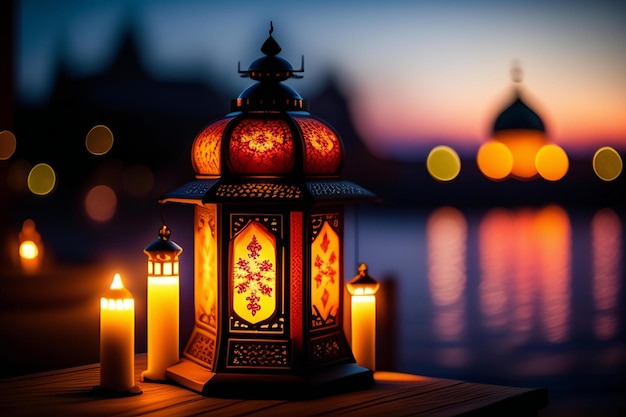 Lanterna con sfondo bokeh concetto di Ramadan Kareem