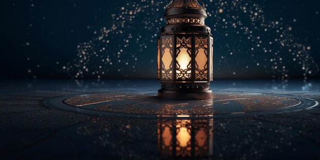 Lanterna con sfondo luminoso notturno per la festa musulmana del mese sacro di Ramadan Kareem