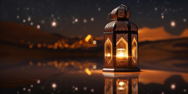 Lanterna con sfondo luminoso notturno per la festa musulmana del mese sacro di Ramadan Kareem