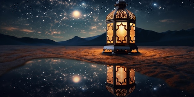 Lanterna con sfondo luminoso notturno per la festa musulmana del mese sacro di Ramadan Kareem