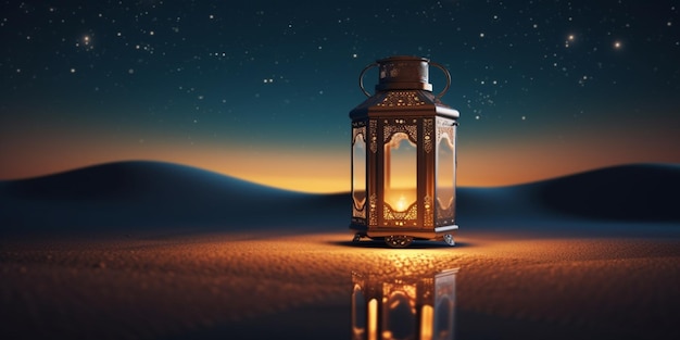 Lanterna con sfondo luminoso notturno per la festa musulmana del mese sacro di Ramadan Kareem