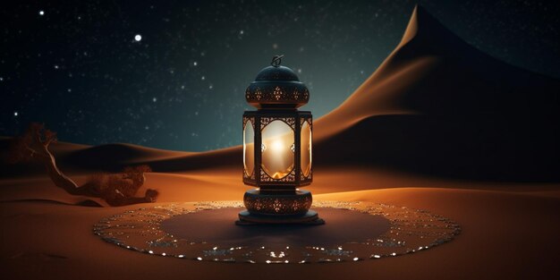 Lanterna con sfondo luminoso notturno per la festa musulmana del mese sacro di Ramadan Kareem