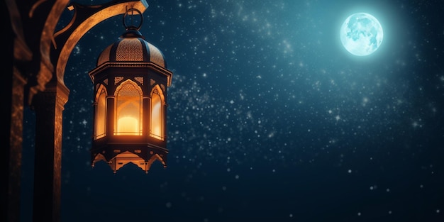 Lanterna con sfondo luminoso notturno per la festa musulmana del mese sacro di Ramadan Kareem