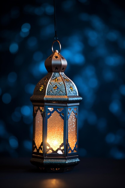 Lanterna con sfondo luminoso notturno per la festa musulmana del mese sacro di Ramadan Kareem