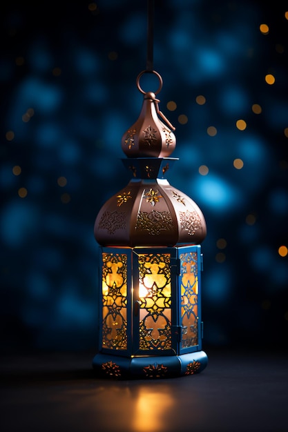 Lanterna con sfondo luminoso notturno per la festa musulmana del mese sacro di Ramadan Kareem