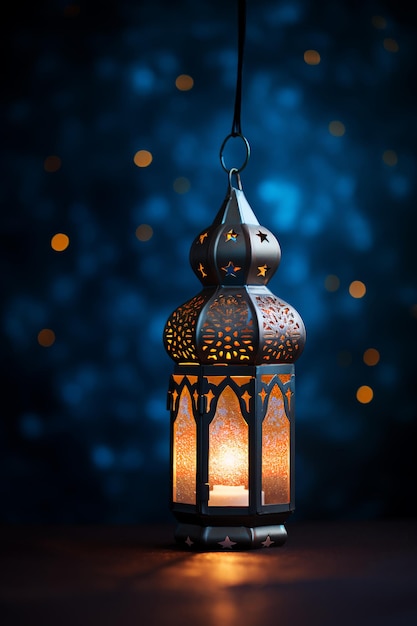 Lanterna con sfondo luminoso notturno per la festa musulmana del mese sacro di Ramadan Kareem