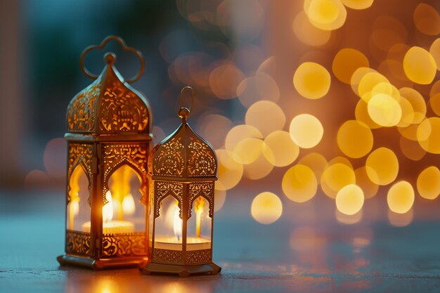 lanterna d'oro di ramadan e lampada a candele con decorazione araba